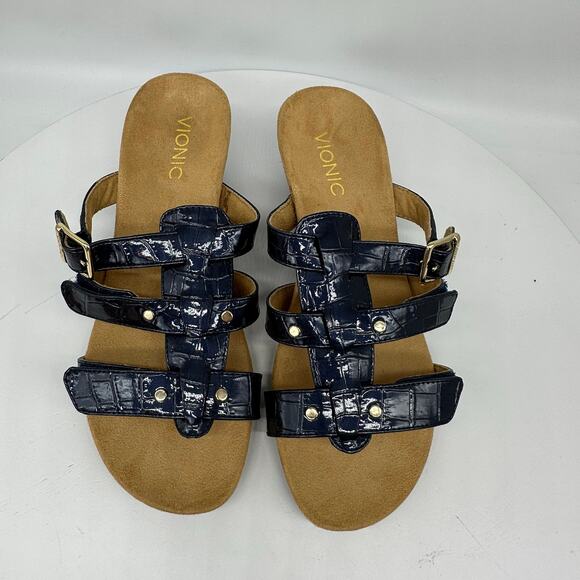 Vionic Radia Slip On Wedge Patent Croc Leather Blue Sandal Womens Size 9 - Picture 11 of 14